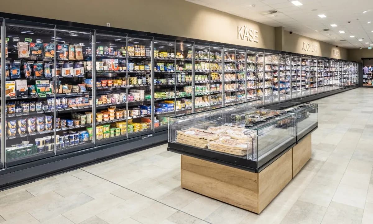 Epta’s remote CO2-based SkyView Plus cases with doors were installed at the new Edeka Schneider supermarket in Hambach, Germany. (Source: Epta)
