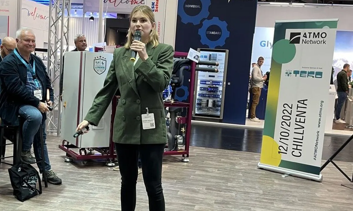 Christine Luetzkendorf, Deutsche Umwelthilfe presenting on the dangers of using HFOs in refrigeration at the ATMO Network event at Chillventa 2022.