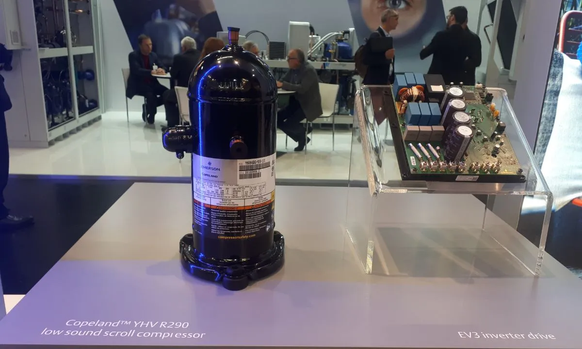 A low-sound Emerson propane compressor for heat pump applications on display at Chillventa.