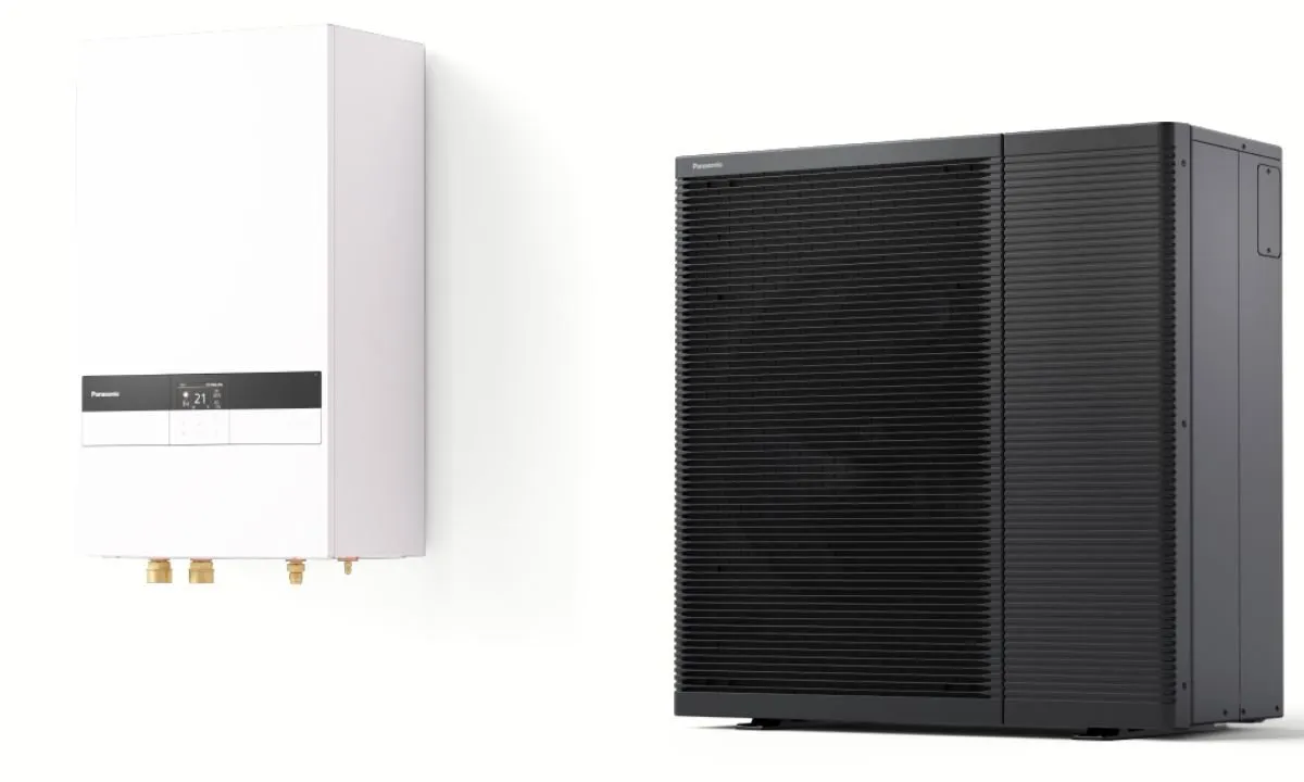 Panasonic’s Aquarea R290 L-series air-to-water heat pump (inside unit at left, and outside unit)