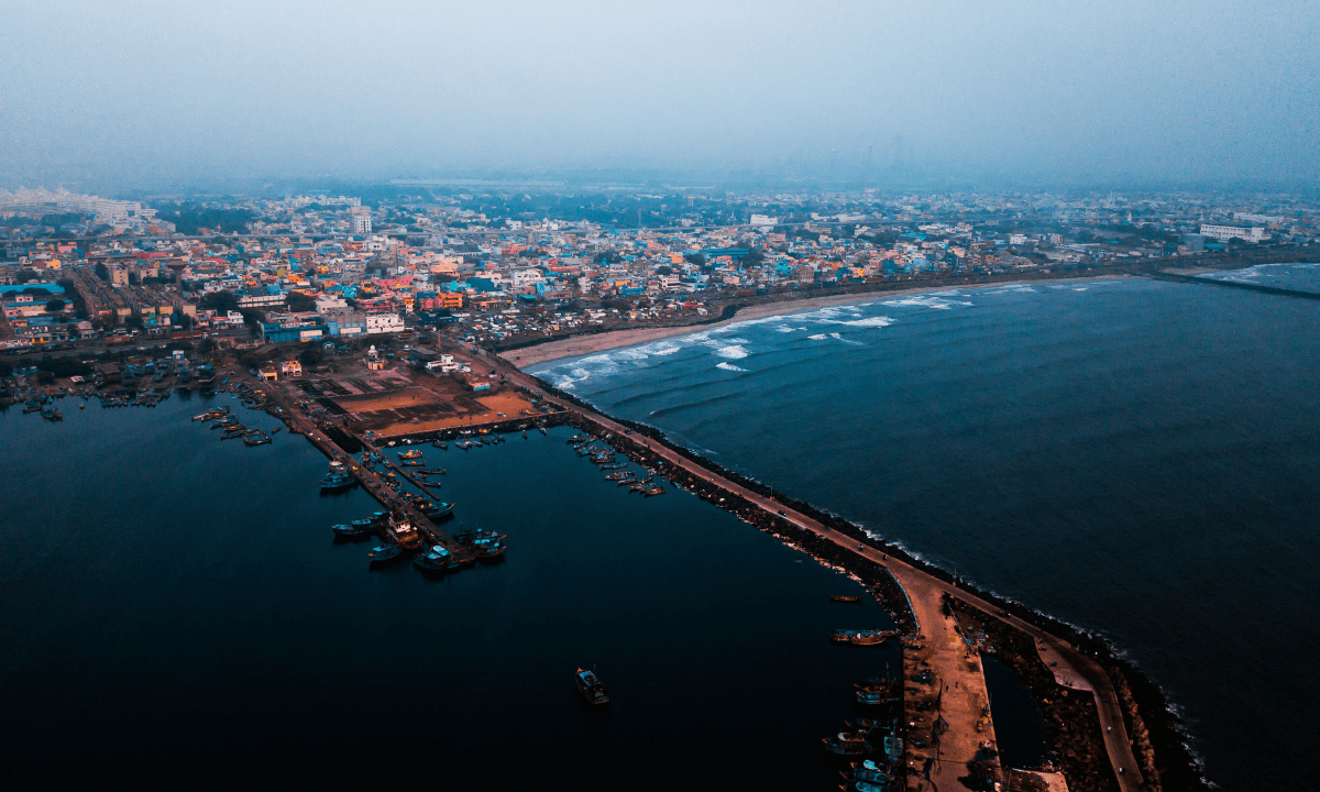 An aerial view of the Kasimedu Fishing Harbour in Chennai, India.