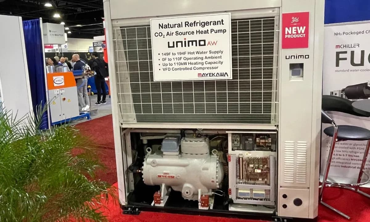 Mayekawa’s Unimo AW CO2 air-source heat pump on display at AHR Expo 2023.