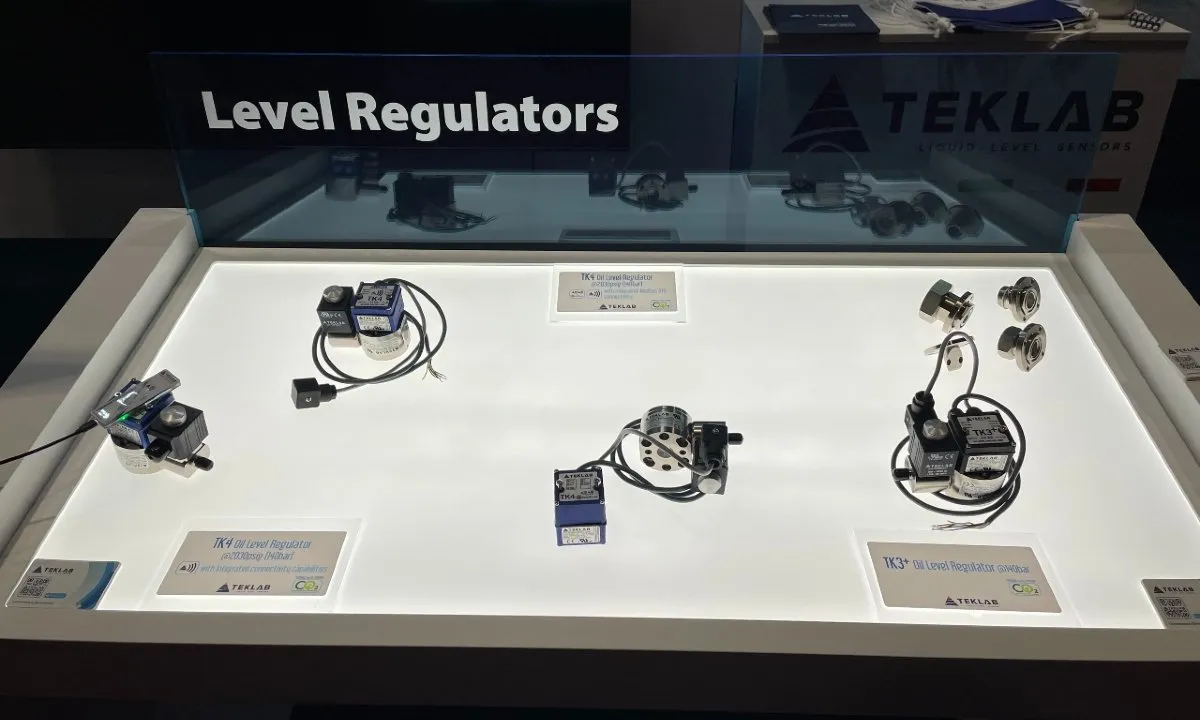 Teklab’s oil level regulators on display at AHR Expo 2024 in Chicago.