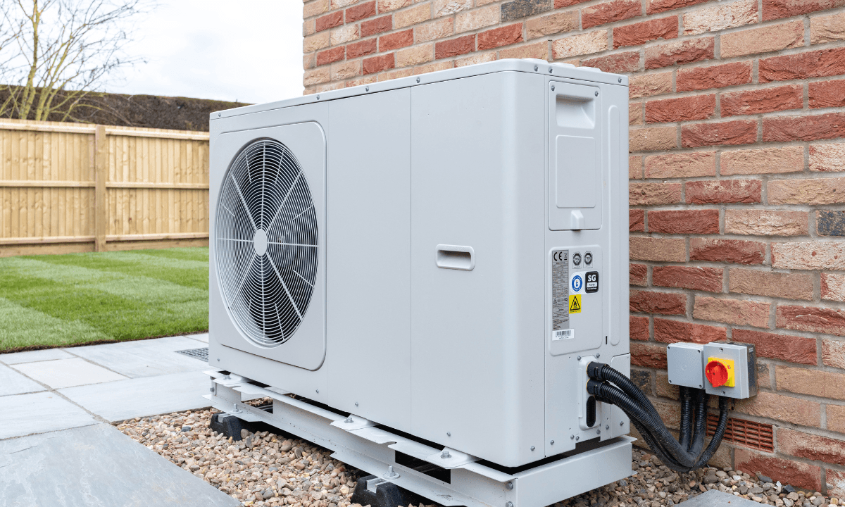 An air-source heat pump installed in a new home