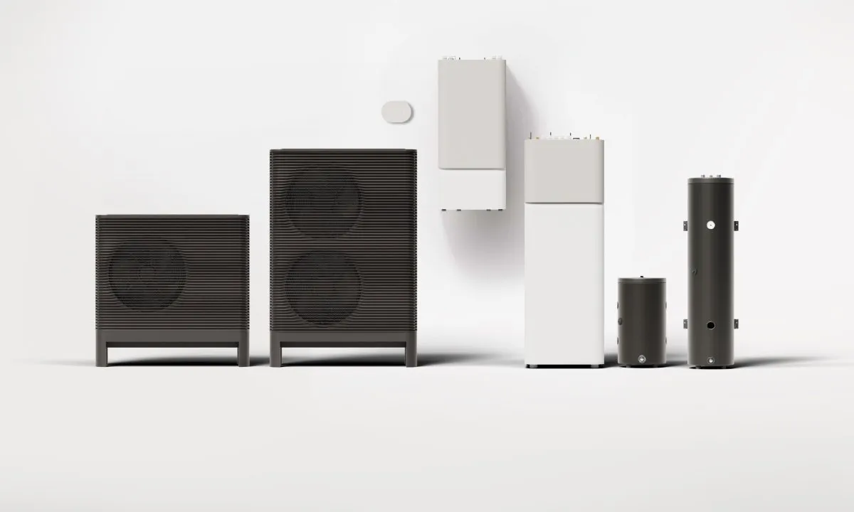 Aira’s range of heat pump products, including R290-based outdoor units (left), indoor hot water tanks (middle) and buffer tanks (right). (Source: Aira)