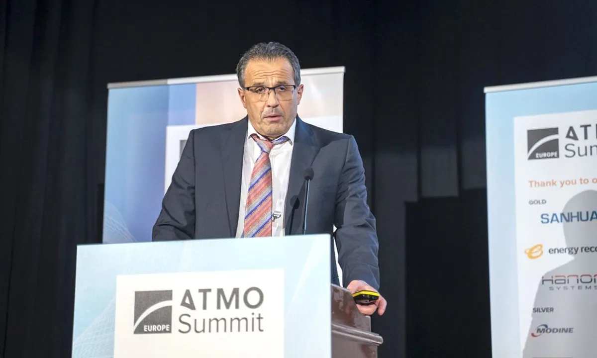 Andrea Skory, Migros Ticino, presenting on integrated CO2 HVAC&R systems at the ATMO Europe Summit 2023.