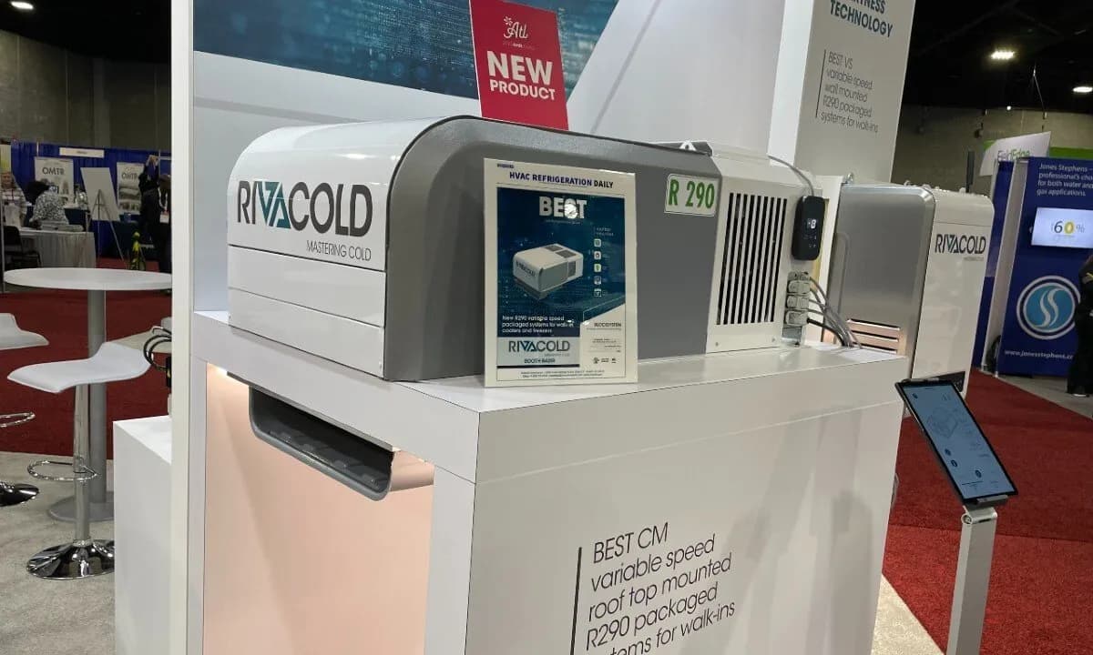 Rivacold’s new R290 condensing unit, displayed at the AHR Expo 2023 in Atlanta