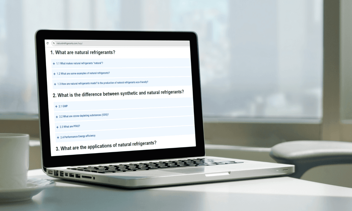 A mockup of the NaturalRefrigerants.com new natural refrigerants FAQ on a laptop