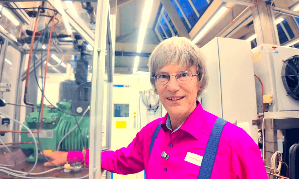 Professor Michael Kauffeld in his lab at the Karlsruhe University of Applied Sciences. Professor Kauffeld and his team researched the weight of PFAS components in a commercial heat pump.
