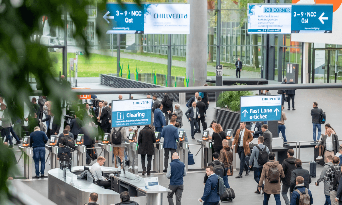 Attendees entering Chillventa 2022 in Nuremberg, Germany. Chillventa 2024 will take place in Nuremberg in October 2024.