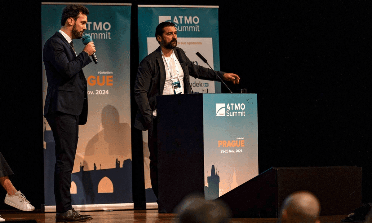 Ivan Zudek (left) partner at Zudek, presenting at ATMO Europe 2024.