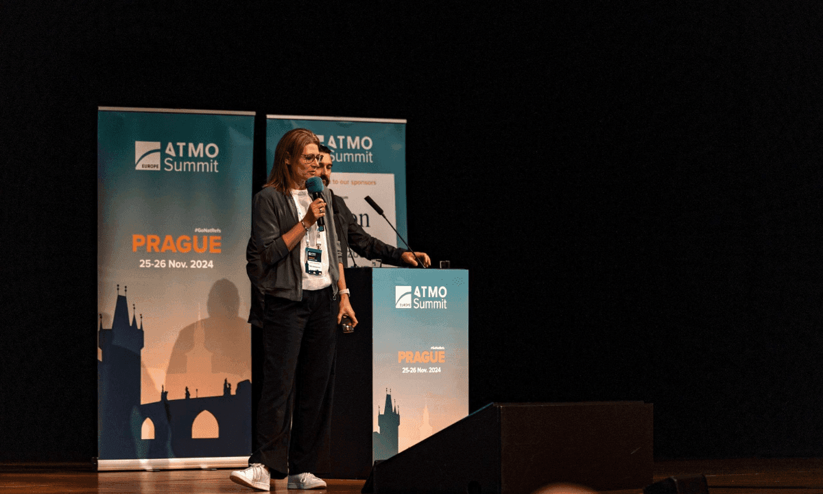 Nadine Neuberger, Management Assistant and Head of Marketing at Teko, on stage at ATMO Europe 2024.