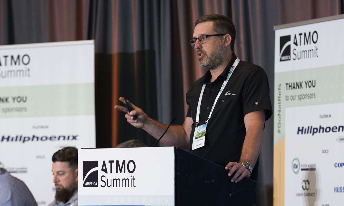 Scott Timms, G&D Chillers, presenting about a propane chiller for a craft brewery at the ATMO America Summit 2025