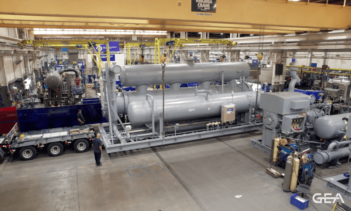 The refrigeration vessel and heat exchanger skid of GEA's new 2,200TR custom-built ammonia refrigeration system.
