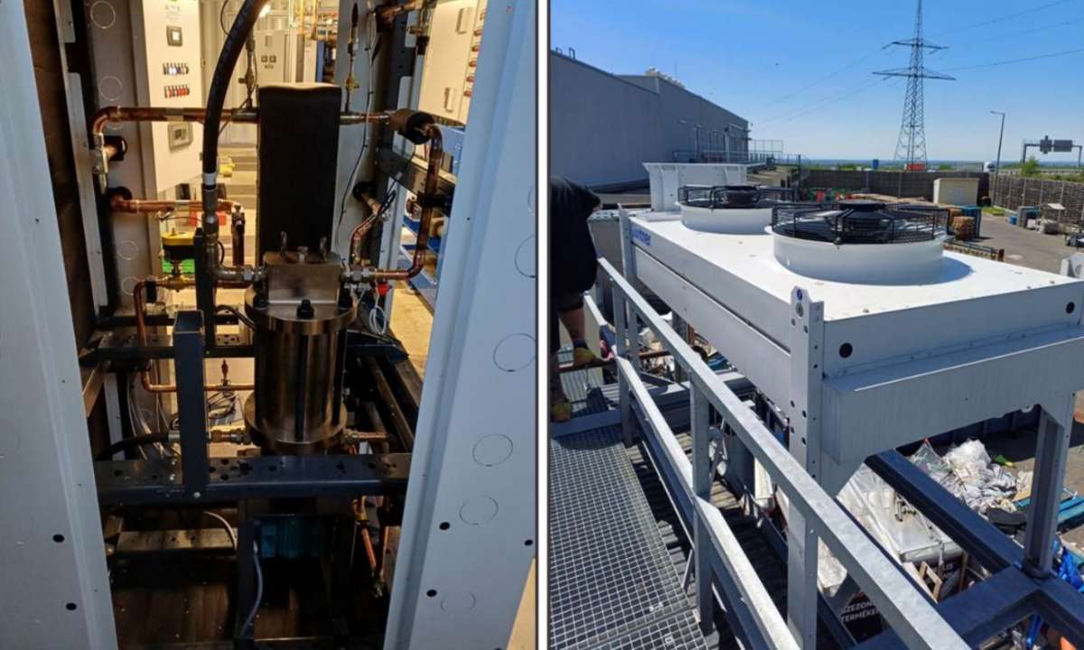 Energy Recovery’s PX G1300 pressure exchanger with the subcooler (left) and the system’s secondary gas cooler (right). Photo credit: Epta.