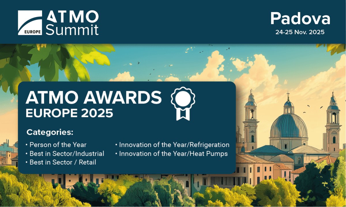 An image promoting nominations for the ATMO Awards/Europe. The ATMO Awards are given out annually to people in Europe and the United States working to advance the use of natural refrigerants in the HVAC&R industry.