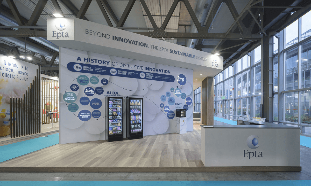 Epta's booth at HostMilano 2025. Epta showed off the Alba 43 and Alba 45 vertical display cabinets for frozen food using R290 refrigerants at the show.