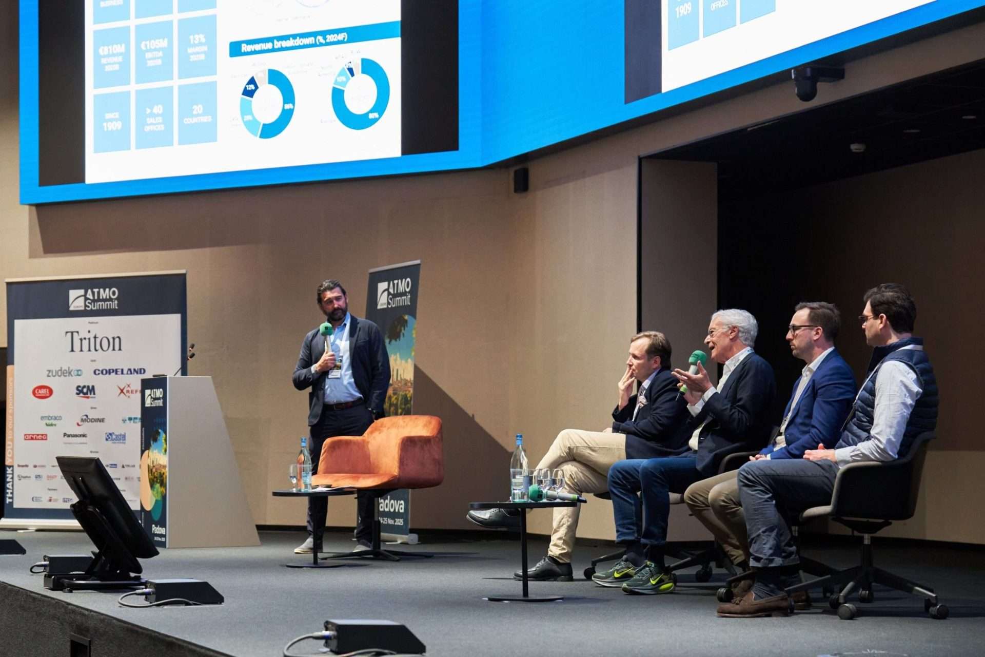 From left: Marc Chasserot (ATMOsphere), Friedrich Ysenburg (Triton Partners), Ted Amyuni (Triton Partners), Timo Kivilaht (Kelvion) and Nicolo Freyberg (bluu unit) at the ATMO Europe 2025 investor panel.