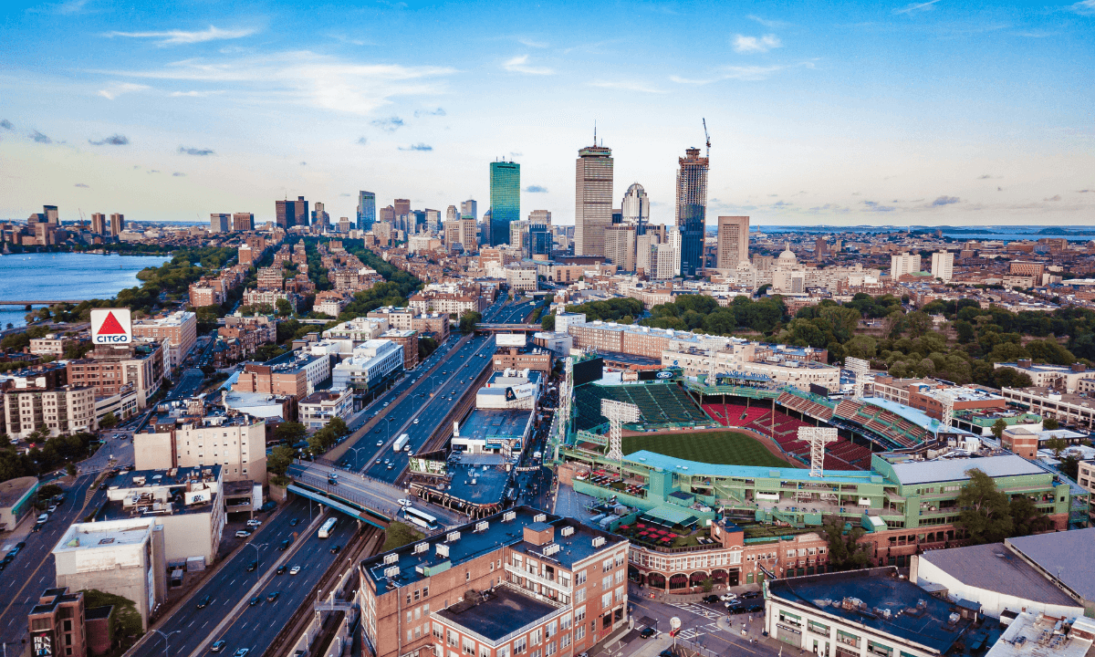 An aerial overview of Boston. A 35MW ammonia heat pump is being installed in the area to serve a district heating network.