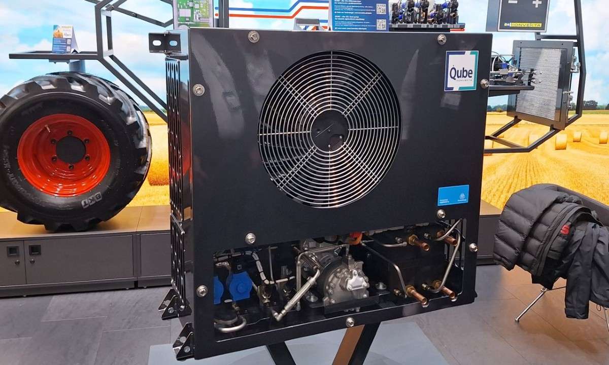 An image of CO2-Qube on display at Agritechnica 2025. The unit has prototypes under testing for electric heavy equipment.