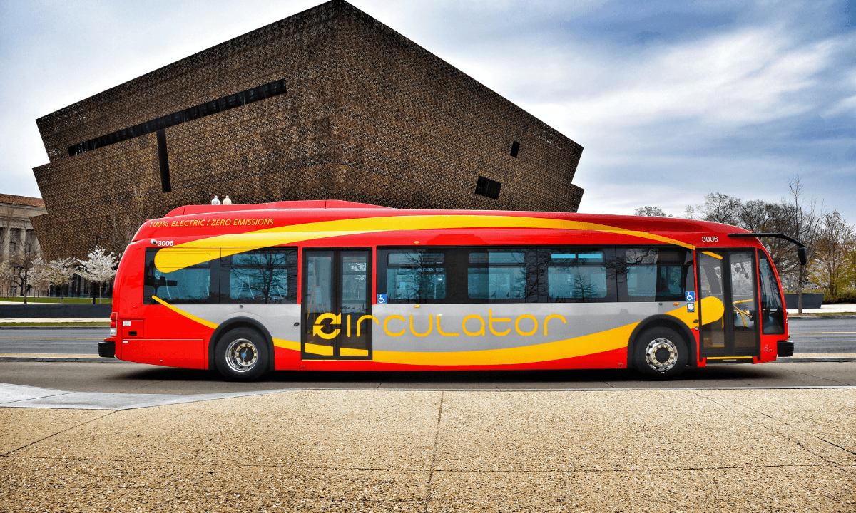 An electric bus in Washington, D.C. Aurora's R290 MAC system is for electric buses.