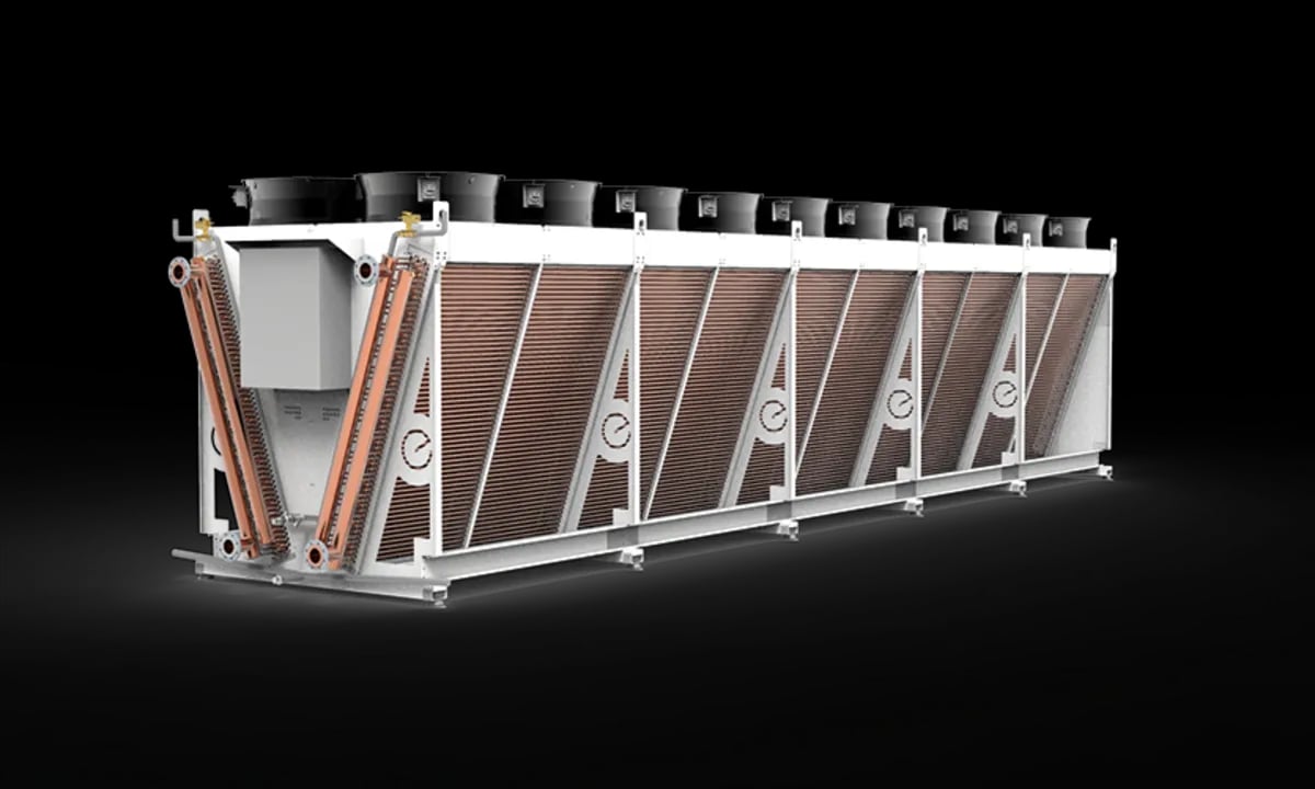 An image of Enex Technolgoies new V-Shaped Dry Cooler with up to 2.5MW of cooling capacity for use as a standalone or in conjunction with natural refrigerant water cooled chillers.