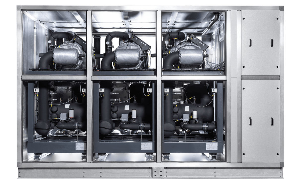Fenagy's HCI-3000 heat pump in a design customized for the data center in Kajaani, featuring three 1MW compressors in the same cabinet. Six of these units were installed in the first project phase.