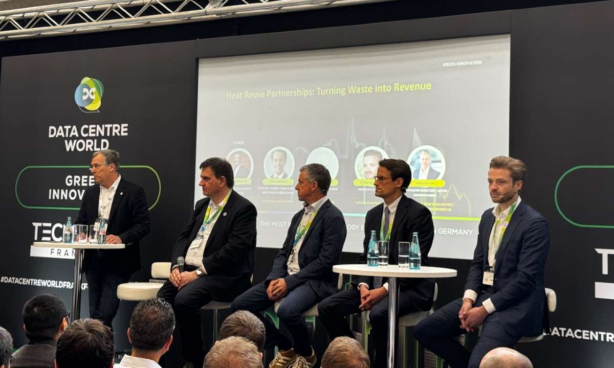 An image of the panel at Tech Show Frankfurt 2026 discussing reusing data center waste heat for district heating.