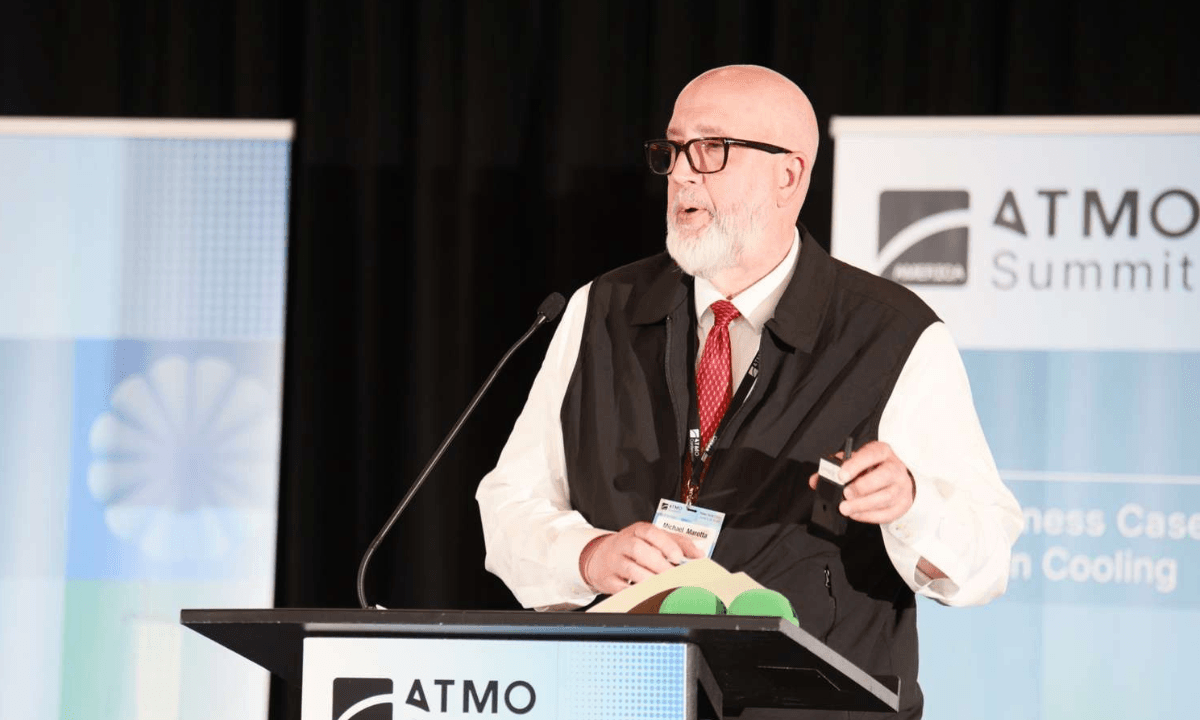 Michael J. Marotta, VP of Technical Services at Saker Shoprite, speaking at ATMO America 2026