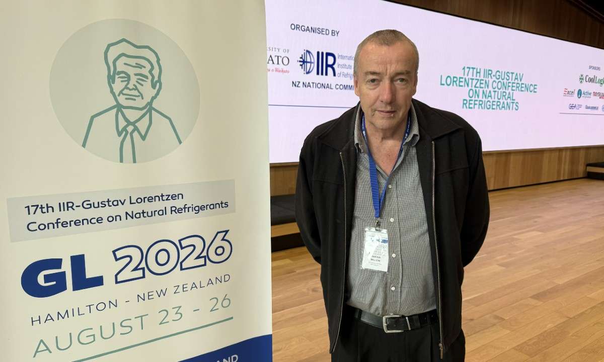 An image of Martin Millow, Mayekawa Australia's General Manager NZ, attending GL 2026. He gave an interview about natural refrigerants and ammonia heat pumps in New Zealand.