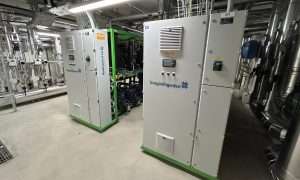 An image of two Biaggini Frigoriferi CO2 heat pumps installed in a Swiss railroad station.