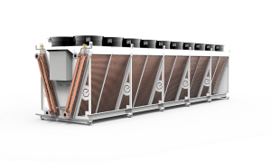 An image of Enex Technolgoies new V-Shaped Dry Cooler with up to 2.5MW of cooling capacity for use as a standalone or in conjunction with natural refrigerant water cooled chillers.