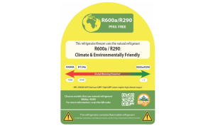 An image of Ghana's new green or eco-friendly labels for R290 air conditioning or R600a/R290 refrigerator labels.