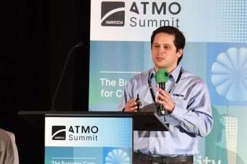 An image of Andrew Macaluso, Senior Product Manager of System Solutions at Lync by Watts, presenting at ATMO America. He outlined benefits of CO2 heat pumps for domestic hot water production.