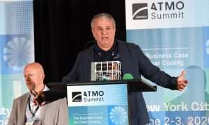 An image of John Miranda, Vice President of Sales at M&M Carnot, presenting at ATMO America 2026. He highlighted the benefits of CO2 for data center cooling.