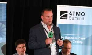 An image of Tom Brown, Senior Product Manager at Accel Air Systems, presenting at ATMO America 2026.
